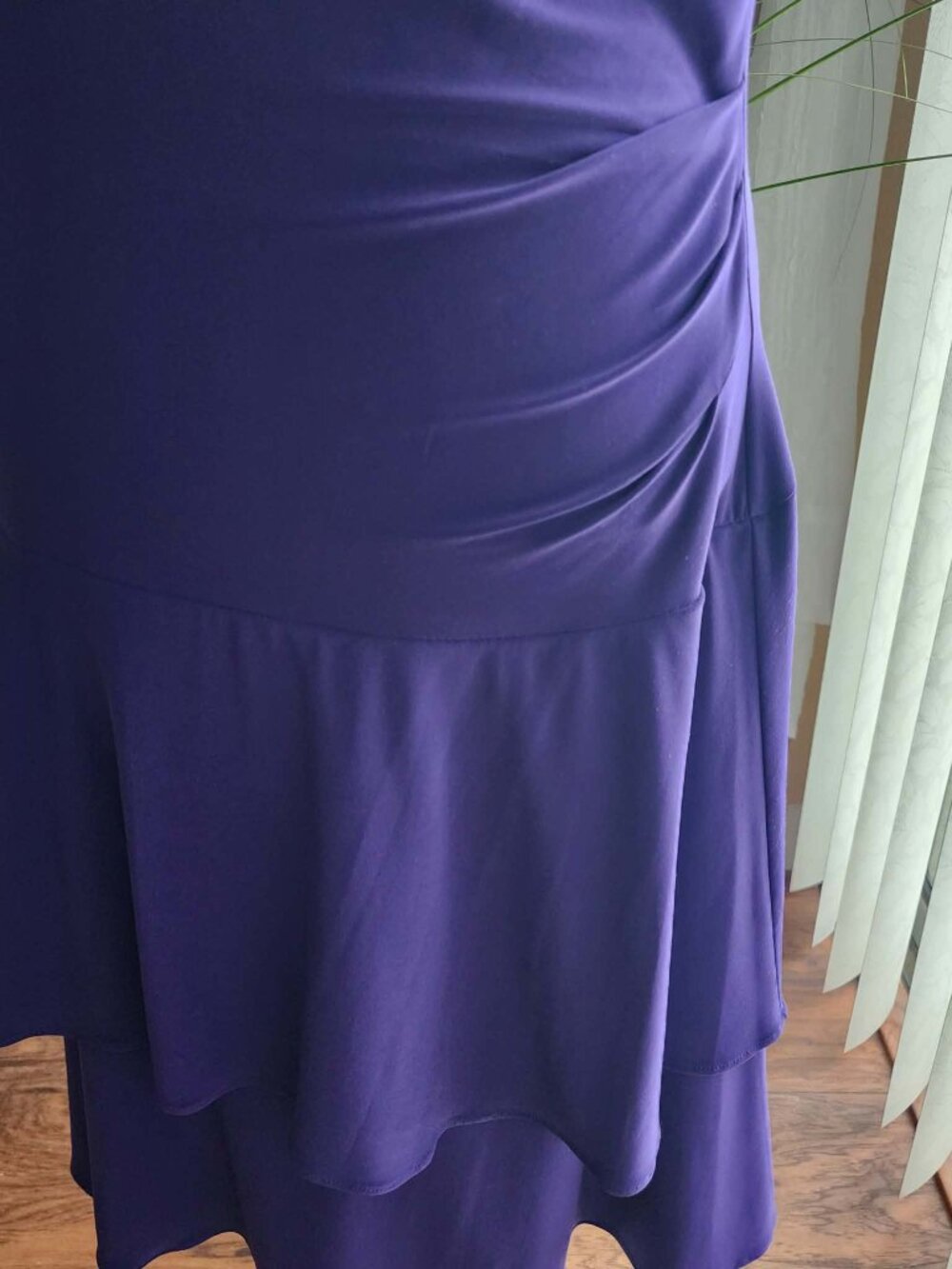 American Living Purple Ruffle Midi Dress Size 12 Ruched Flattering Fit - Picture 8 of 10